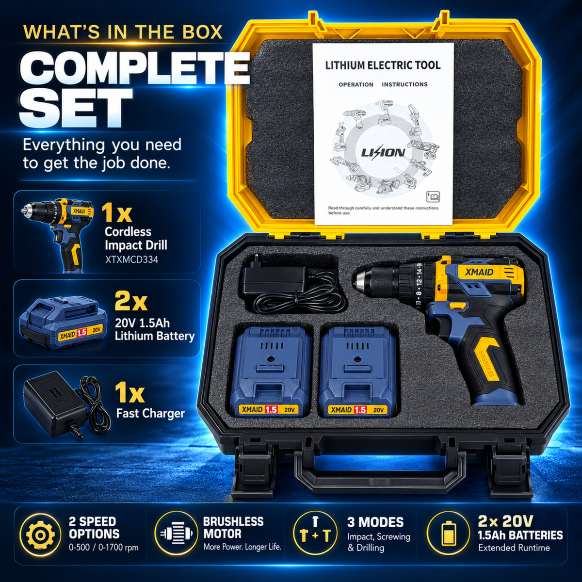 XMAID XTXMCD334 complete drill set with impact drill, two 20V 1.5Ah batteries, charger, case and user manual