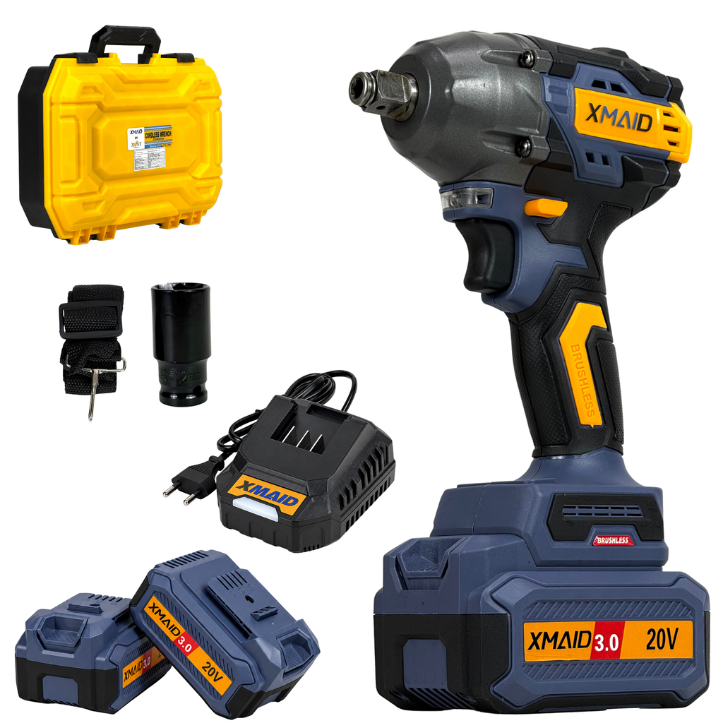 XMAID XTXMCIW335 20V brushless cordless impact wrench kit with two 3.0Ah batteries, charger, socket, strap and case