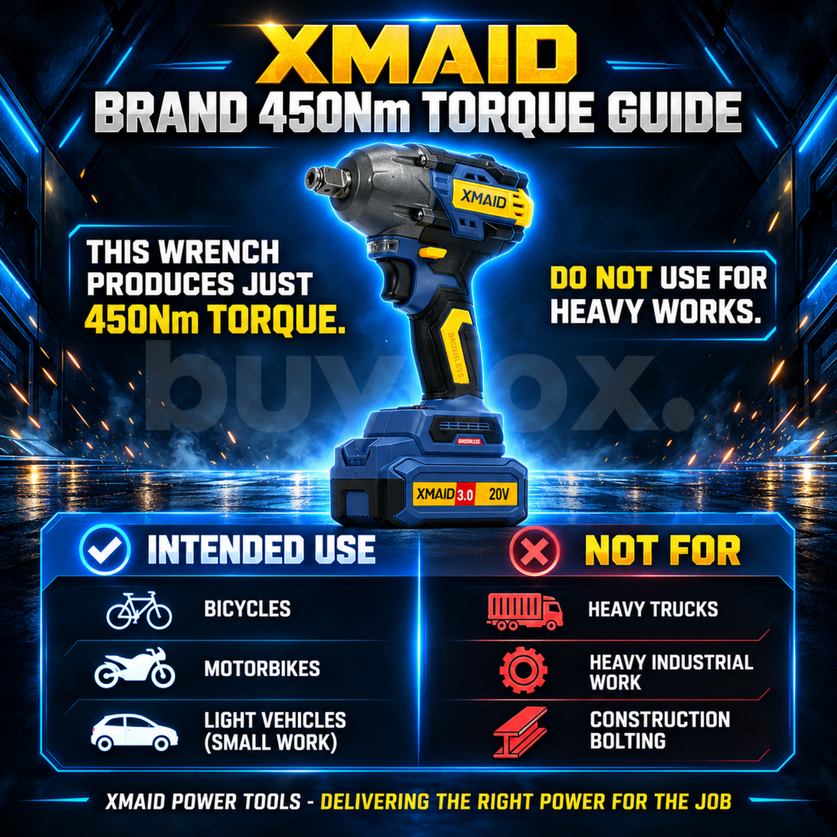 XMAID XTXMCIW335 450Nm torque guide showing intended light vehicle work and heavy-duty restrictions