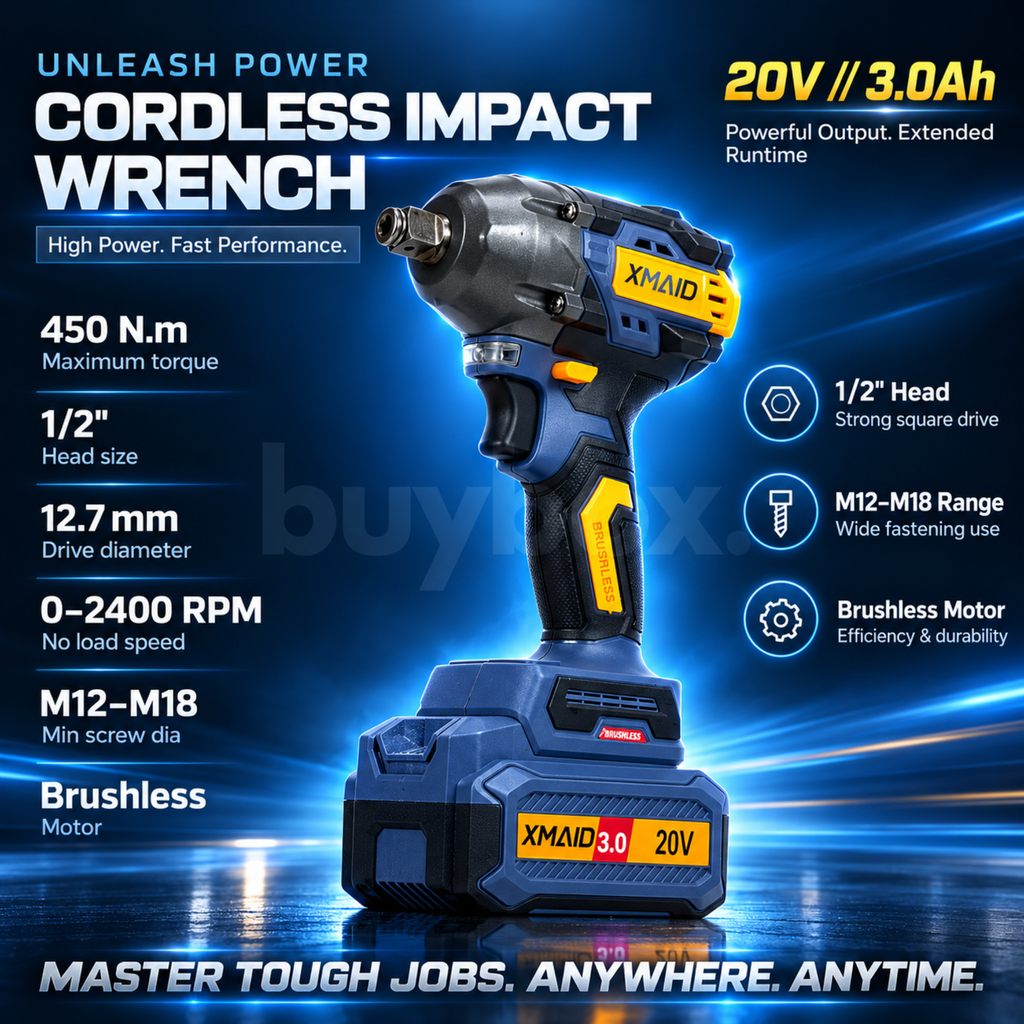 XMAID XTXMCIW335 cordless impact wrench showing 450Nm rated torque, 1/2 inch square drive and brushless motor