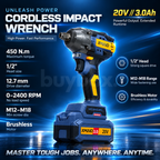 XMAID XTXMCIW335 cordless impact wrench showing 450Nm rated torque, 1/2 inch square drive and brushless motor