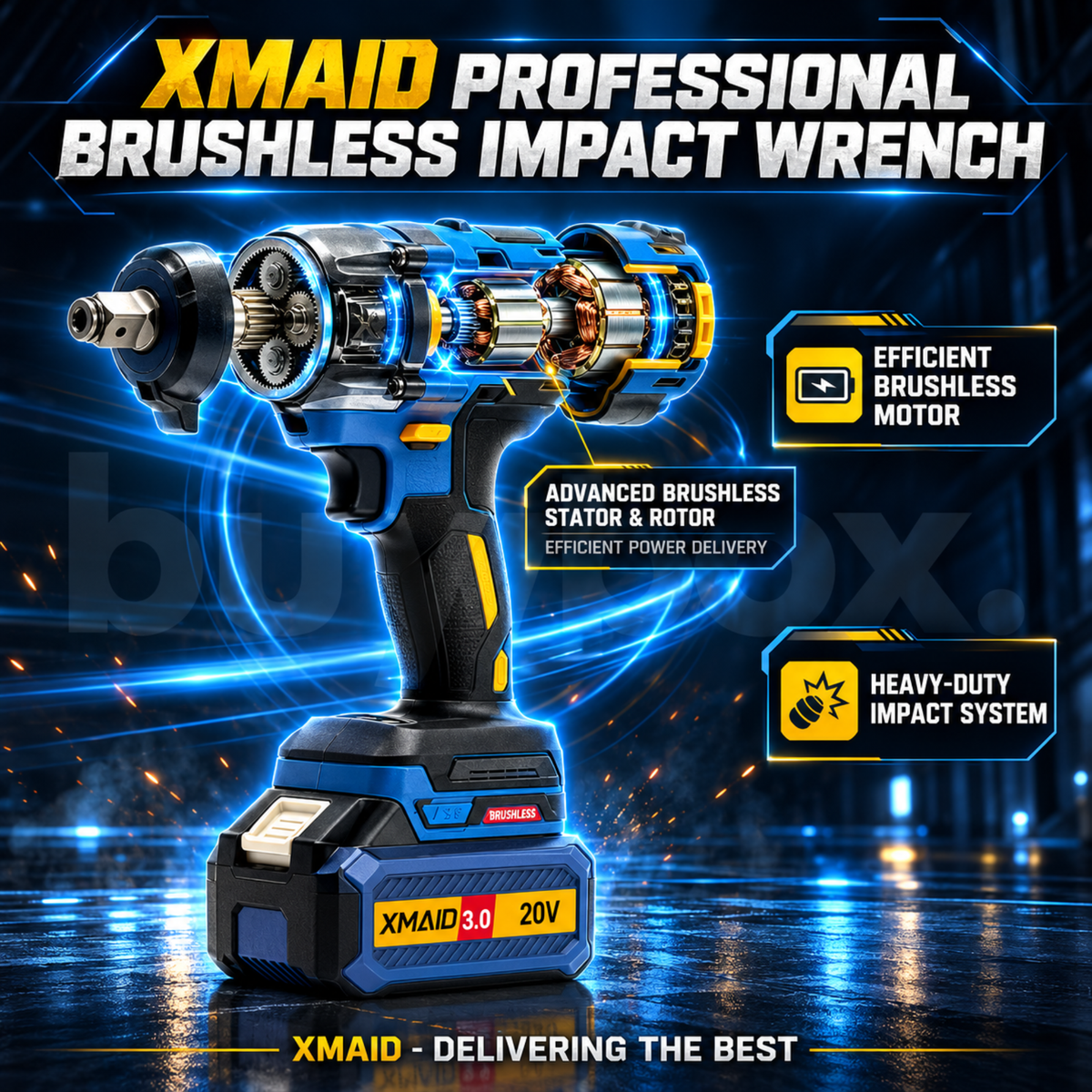 XMAID brushless impact wrench illustration highlighting motor components and impact mechanism