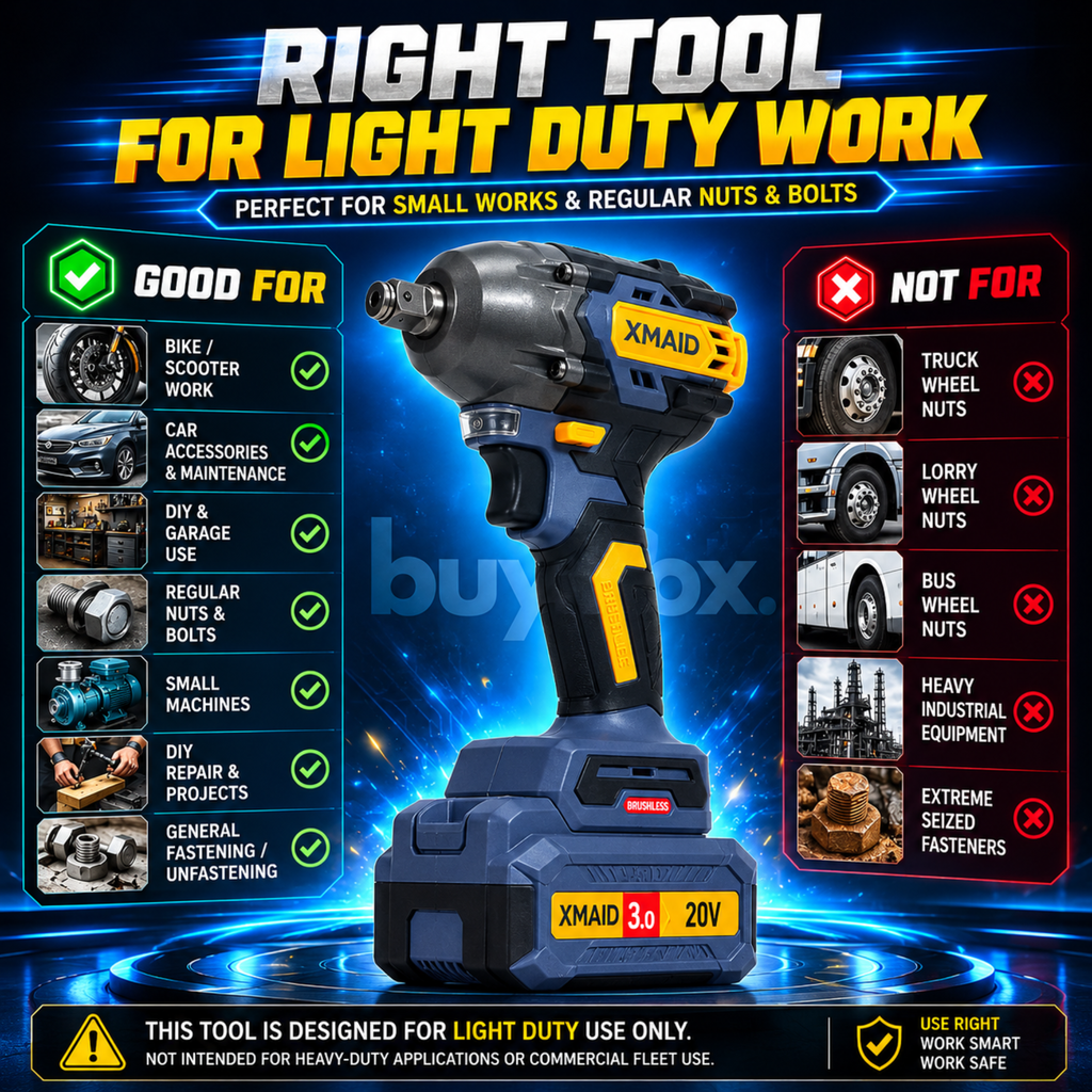 XMAID cordless impact wrench use guide for light-duty motorcycle, scooter, garage and nut bolt work